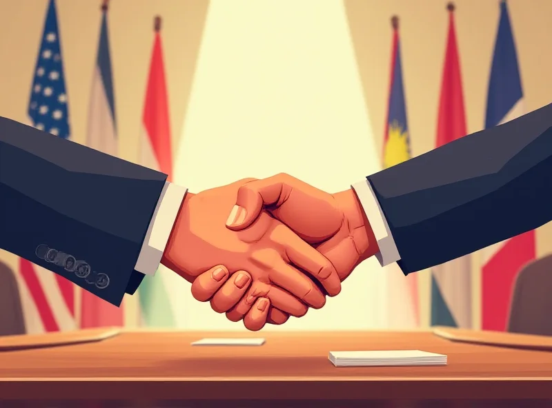 An illustration depicting a symbolic representation of diplomacy, with hands shaking across a table.