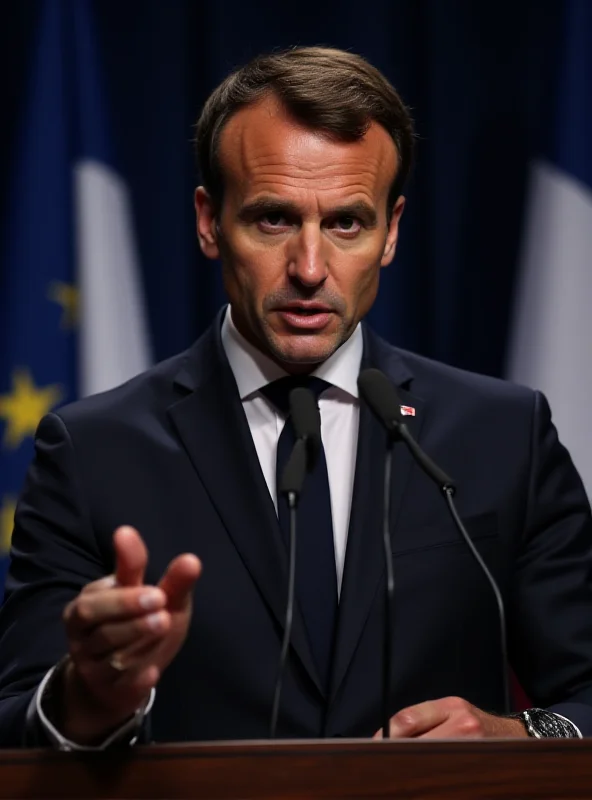 Image of Emmanuel Macron giving a speech at a podium with the French flag in the background.