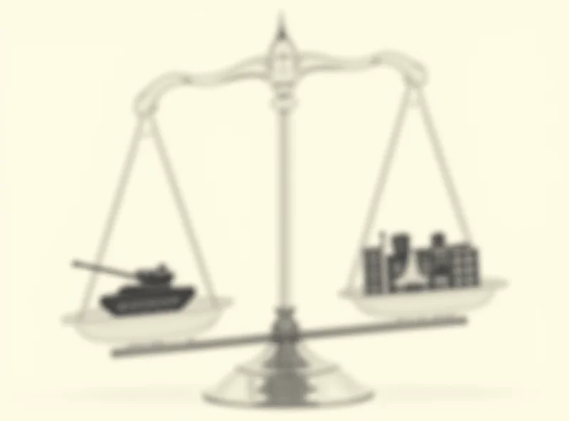 Illustration depicting a balancing scale with military equipment on one side and social services icons on the other.