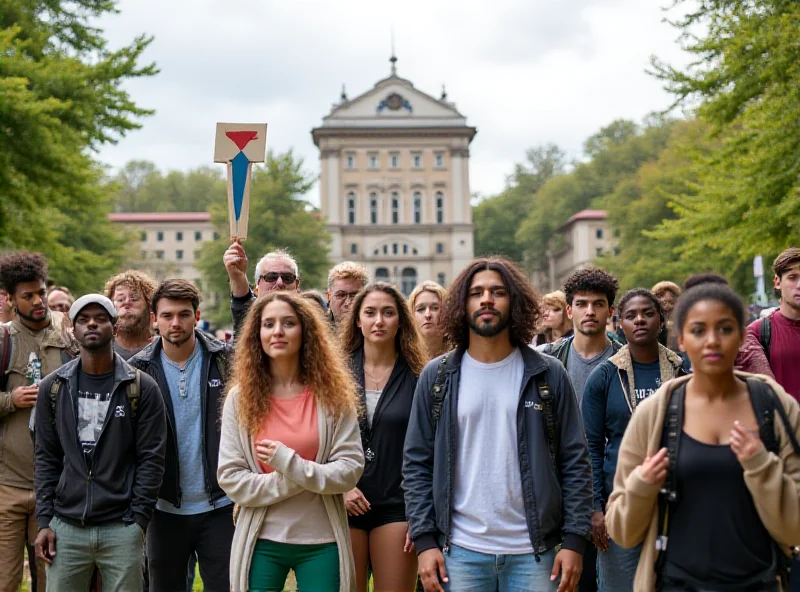 A diverse group of college students protesting peacefully on a campus green with signs and banners expressing their views on a controversial issue.