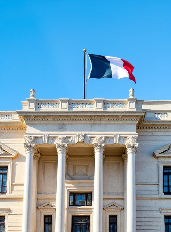 Italian Parliament building exterior, showcasing architectural details under a clear sky, with flags waving gently in the breeze.