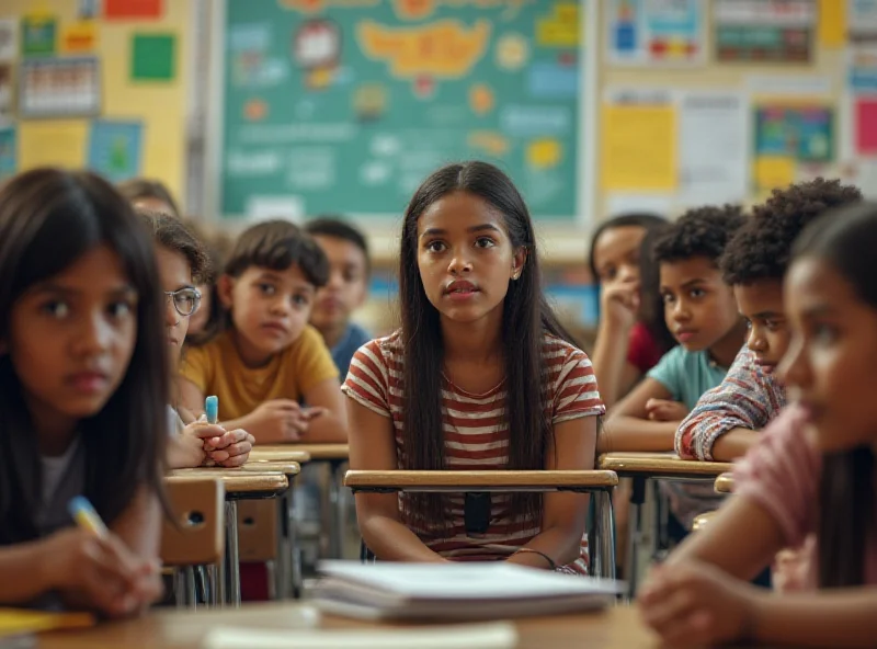An American classroom filled with diverse students listening attentively to a teacher, with textbooks and educational materials visible in the background.