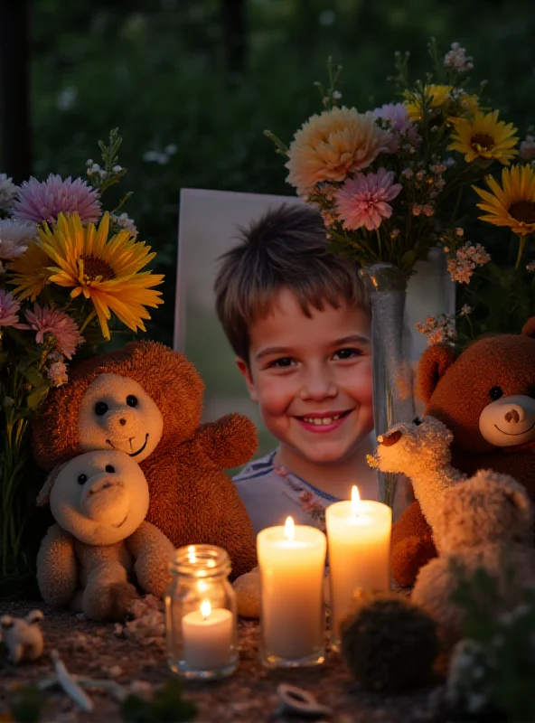 A somber scene depicting a memorial for a child, with flowers and candles.