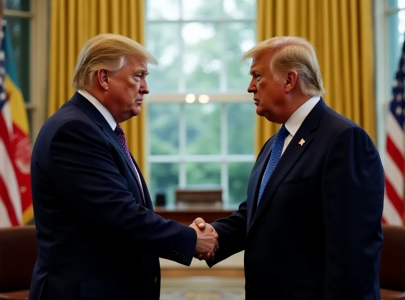 Donald Trump and Volodymyr Zelensky shaking hands in the Oval Office, looking tense.