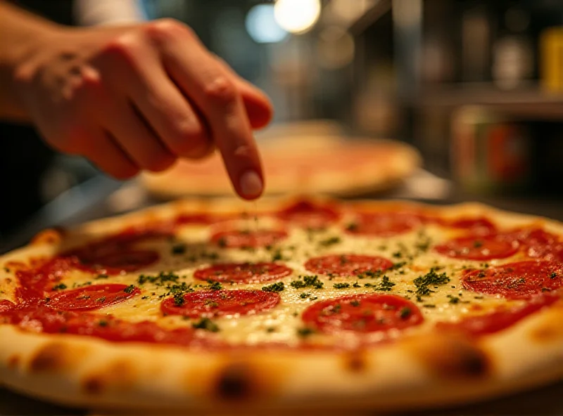 Close-up shot of a pizza being prepared in a restaurant kitchen, with fresh ingredients visible. The chef is sprinkling herbs on the pizza.