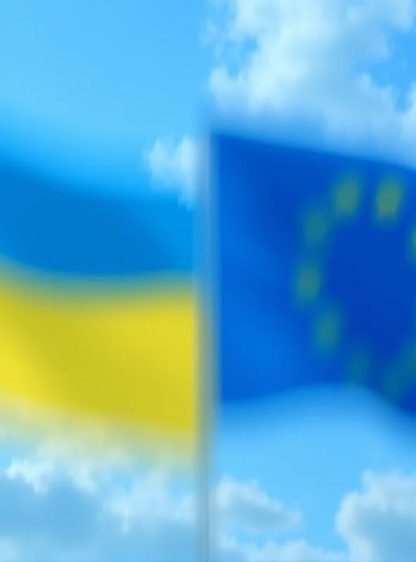 A split image showing the flags of Ukraine and the European Union waving in the wind. The sky is partly cloudy.