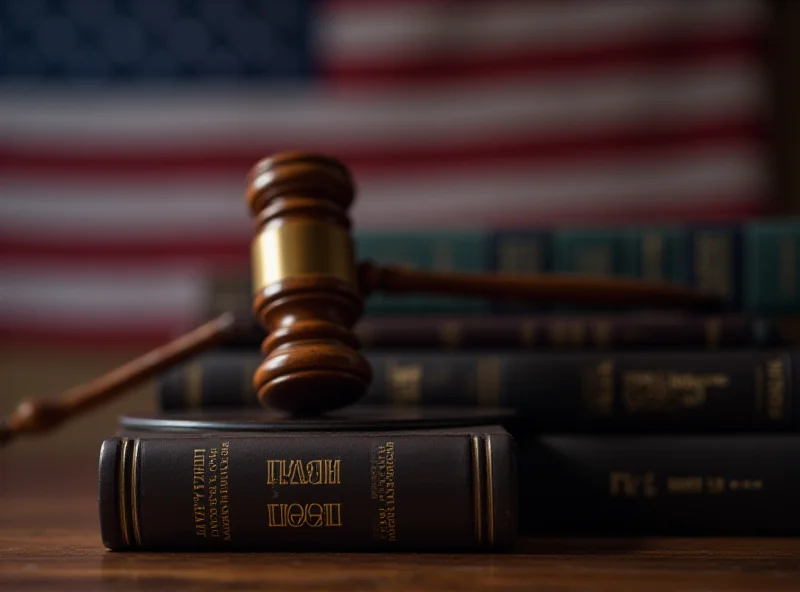 A gavel resting on a stack of law books. A US flag is visible blurred in the background.