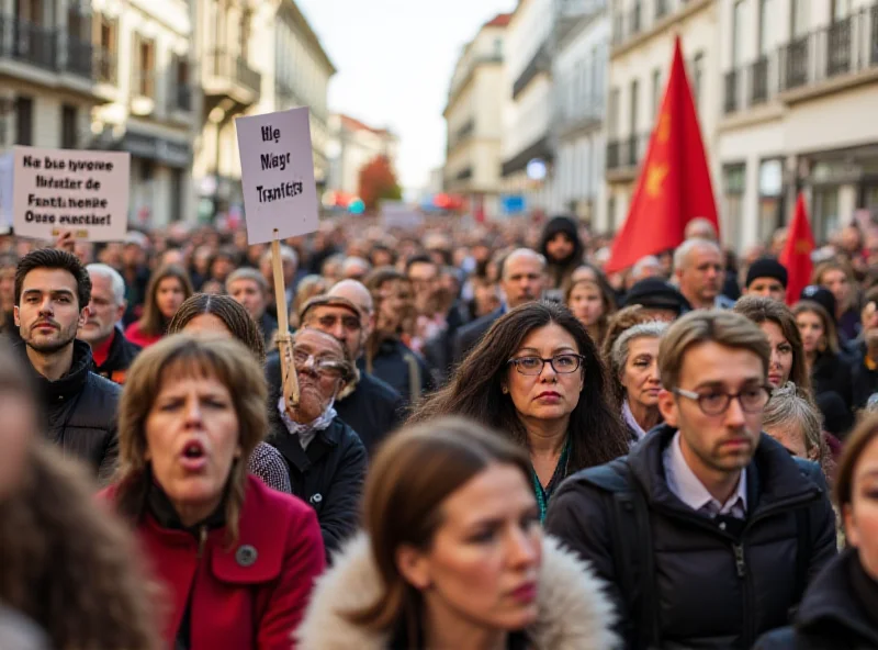 Crowd protesting in Lisbon, Portugal, holding signs and banners.