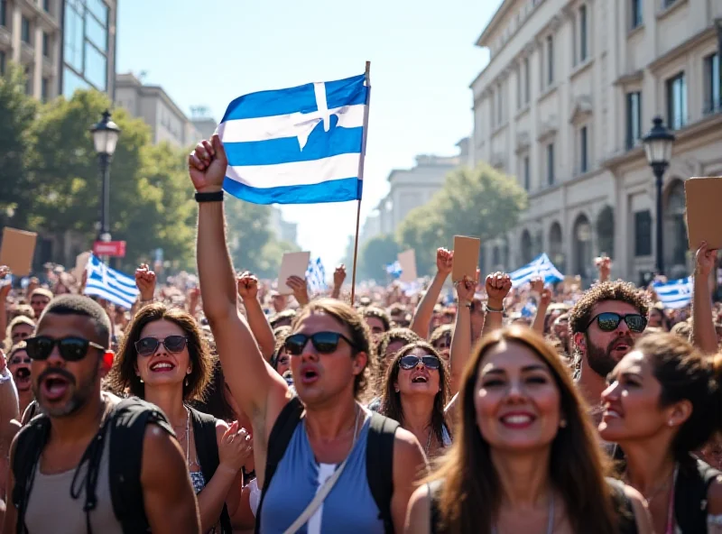 A large crowd of protesters in Athens, Greece, holding signs and chanting slogans.