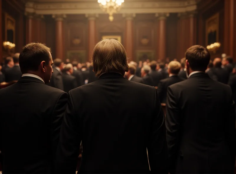 Illustration of a crowded congressional chamber with a person being escorted out by security.