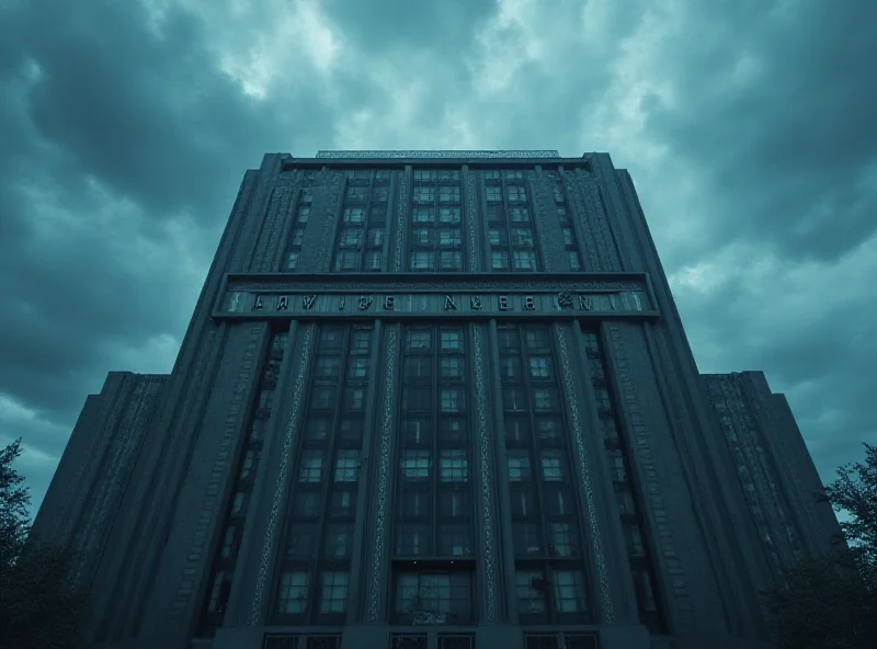 An AI generated image of a massive IRS building with a sign reading 'Layoffs Imminent' looming in the sky above it.