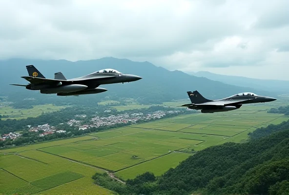 An AI generated image of fighter jets flying over a rural South Korean landscape.