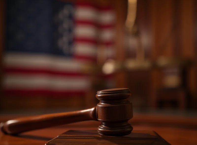 An AI generated image of a gavel striking a sound block in a courtroom setting, with the American flag blurred in the background.