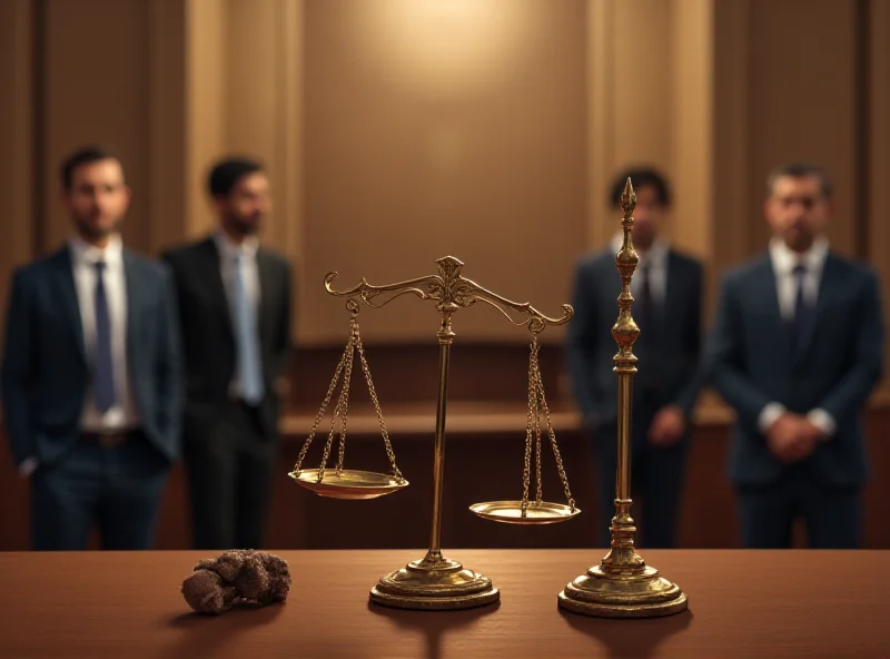 Illustration of a courtroom scene with scales of justice and people representing migrants.
