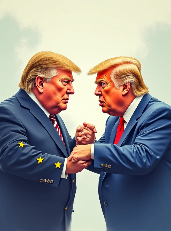 Digital illustration of Donald Trump and Volodymyr Zelenskyy pulling the European Union in opposite directions, symbolizing geopolitical tension.