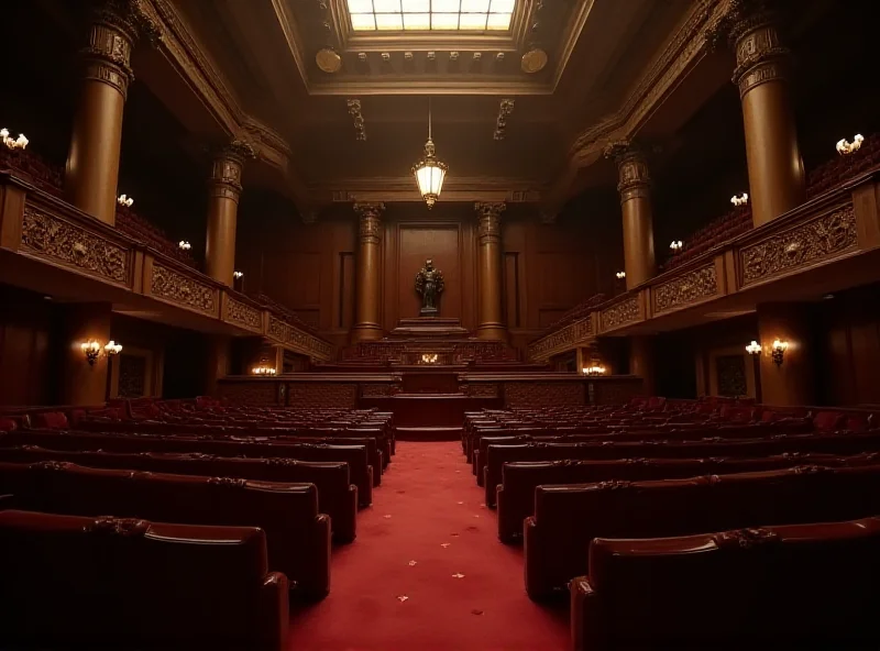Vue d'une salle de parlement vide avec des pupitres et des chaises, symbolisant un débat appauvri.