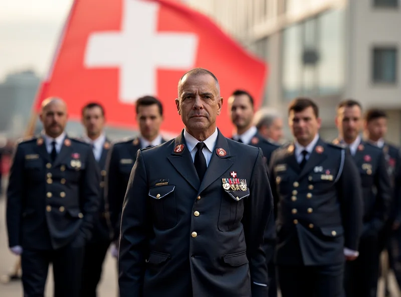 Group of Swiss military officials in uniform, looking serious, standing in front of the Swiss flag.