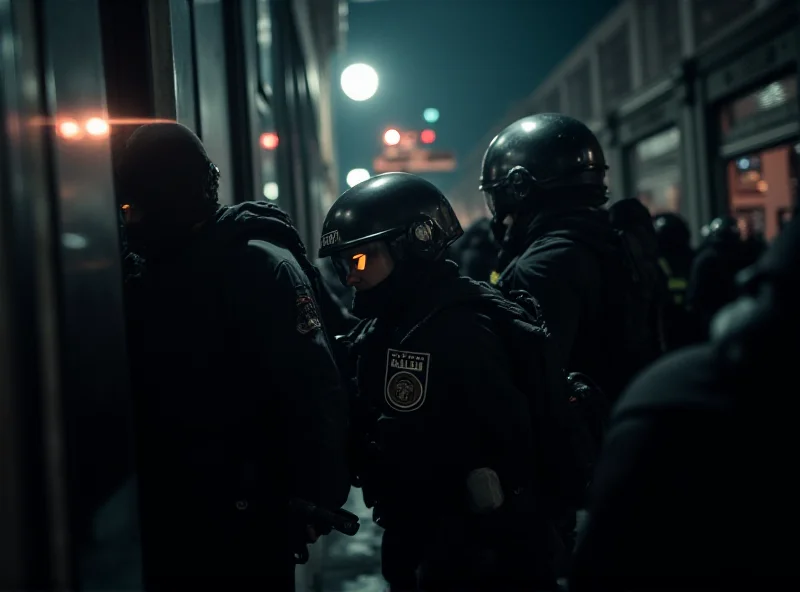 Police officers in tactical gear raiding a building in a crowded urban environment at night.