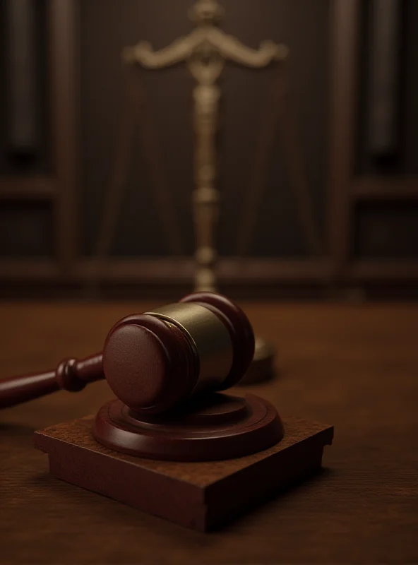 A gavel resting on a wooden block in a courtroom setting. The background is blurred to focus on the gavel.