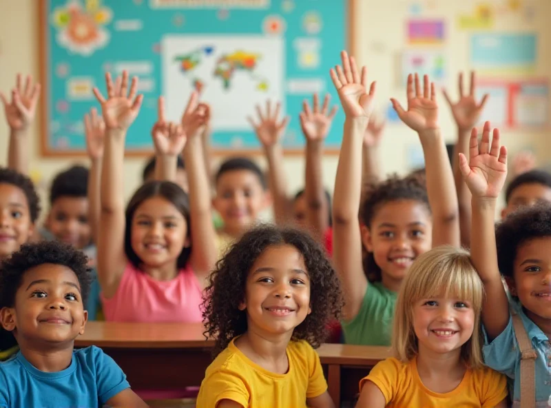 Photo of a diverse group of students raising their hands in a classroom setting, symbolizing education policy.