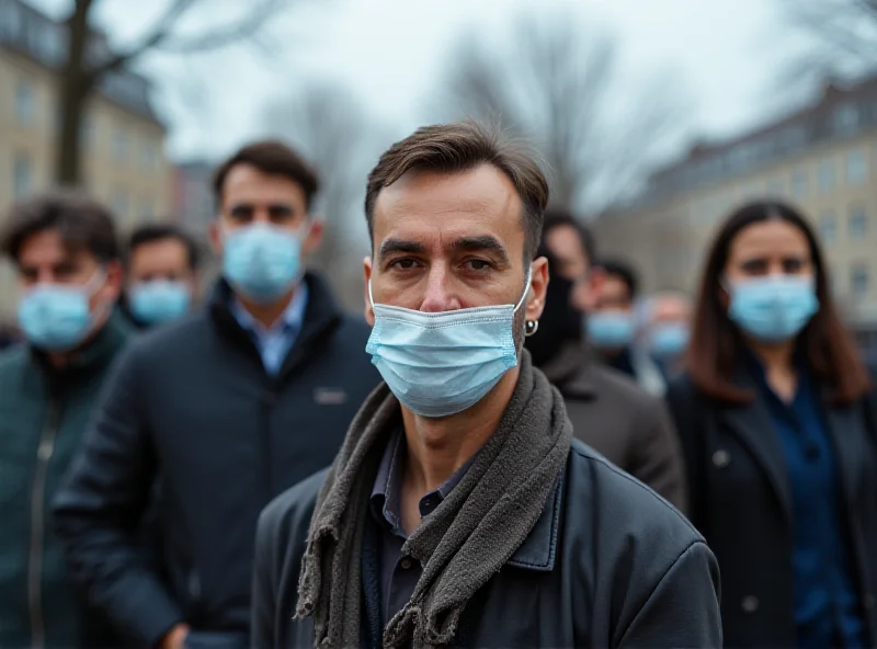 A diverse group of people wearing masks, standing apart, looking thoughtful.