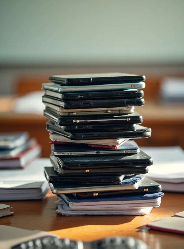 A pile of mobile phones stacked on a desk in a classroom setting.