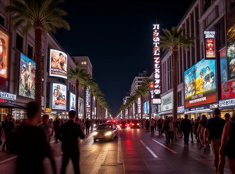 A busy Hollywood street at night, with bright lights and crowds of people.