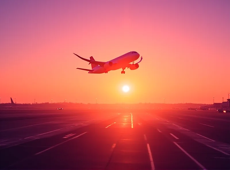 A low-cost airline plane taking off at sunset.