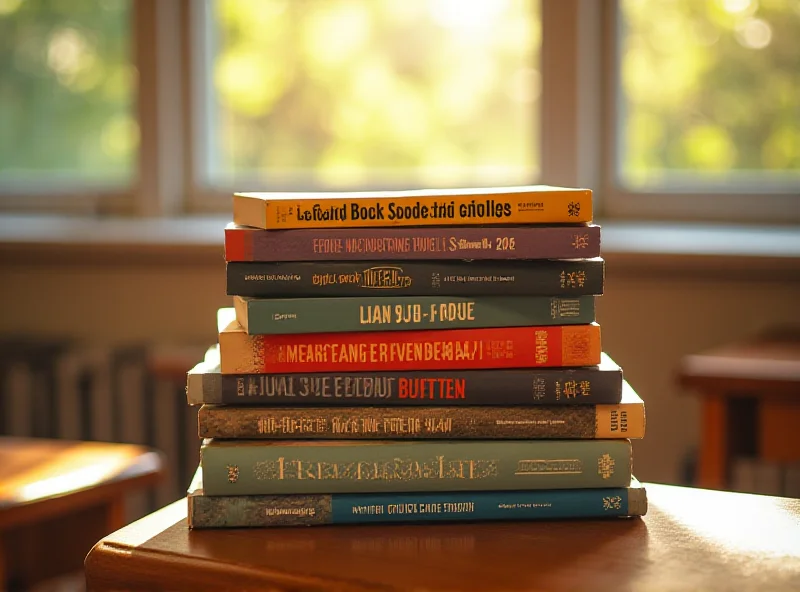 A stack of books, some by black authors, sitting on a desk in a classroom, bathed in sunlight.