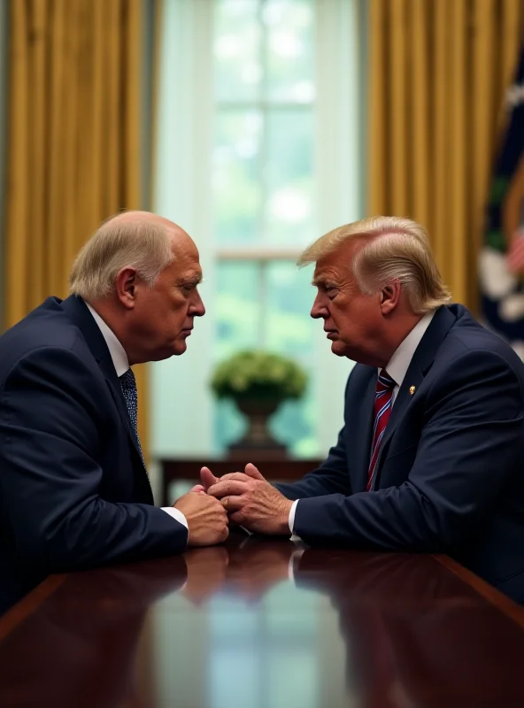 A digitally enhanced image of Donald Trump and Volodymyr Zelenskyy sitting across from each other at a table in the Oval Office, with a visible tension in the air. Both figures are looking at each other with serious expressions, and the background is slightly blurred to focus on their interaction.
