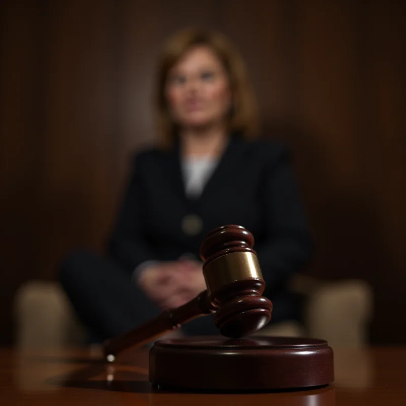 A courtroom scene with a gavel in the foreground and a blurred image of Kay Ivey in the background, symbolizing her decision to commute a death sentence. The scene is serious and focused on the weight of judicial decisions.