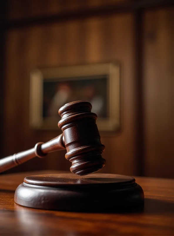 A gavel striking a sound block in a courtroom setting, symbolizing the justice system.