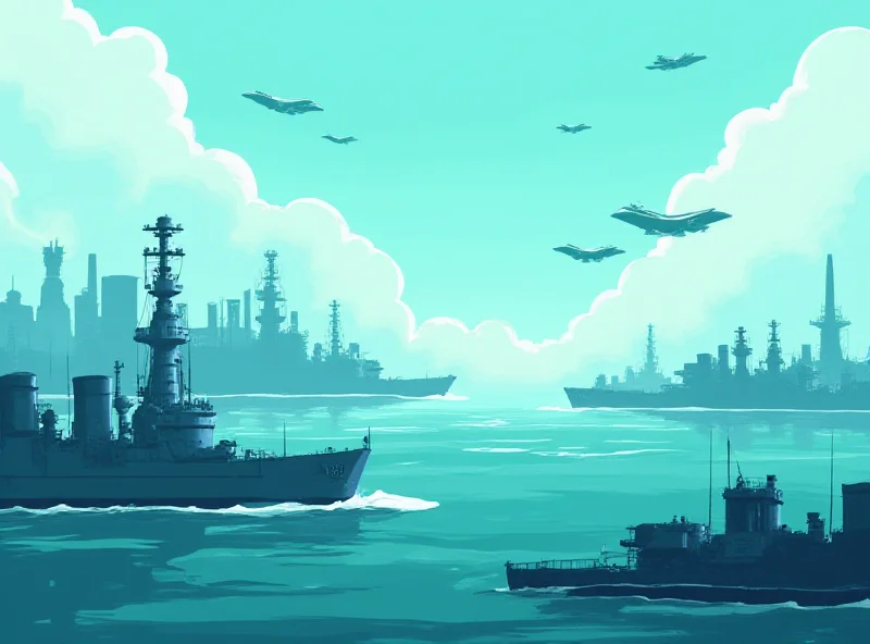 A digital illustration of a stylized defense industry landscape featuring factories, planes, and ships, all rendered in a modern, clean style.