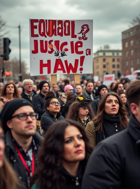 Crowd protesting with signs advocating for equal justice under the law.