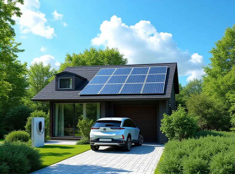 Illustration of a modern home with solar panels and an electric vehicle charging in the driveway, showcasing sustainable living.