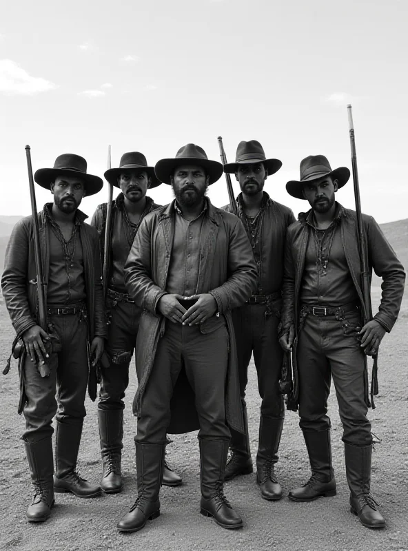 A black and white photo depicting Lampião and his gang of cangaceiros in the Brazilian sertão, showcasing their traditional attire and weaponry.