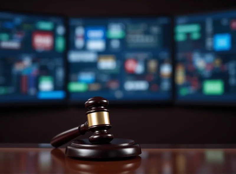 A gavel hitting a sound block with a blurred background of digital screens displaying online betting websites and casino games.