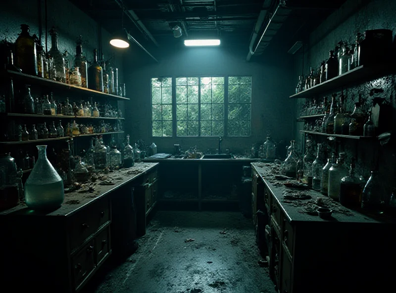 A dimly lit workshop filled with chemical equipment and containers, suggesting a clandestine drug manufacturing operation.