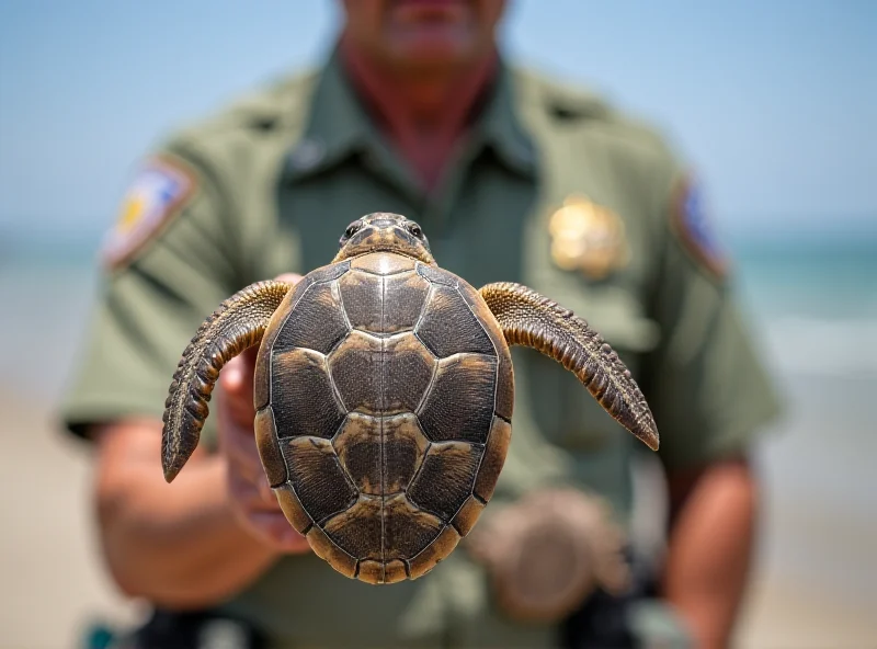 A California state wildlife officer holding up a confiscated sea turtle shell.