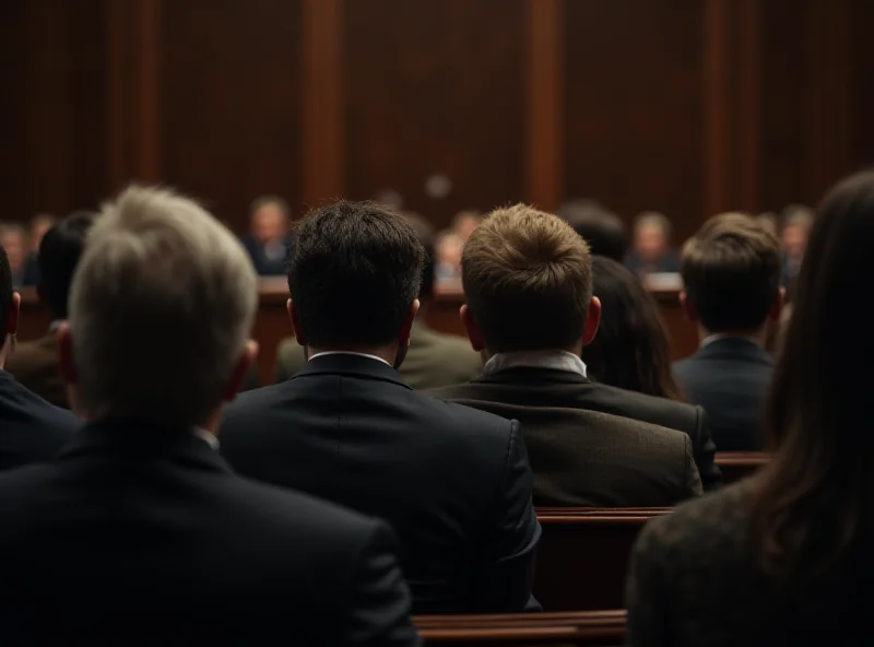 Illustration of a crowded courtroom with stressed individuals.