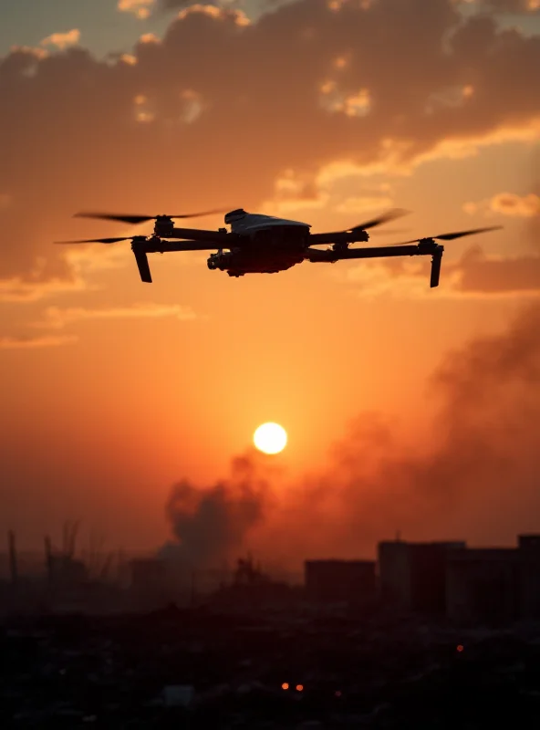 Image of a long-range drone in flight over a war-torn landscape.