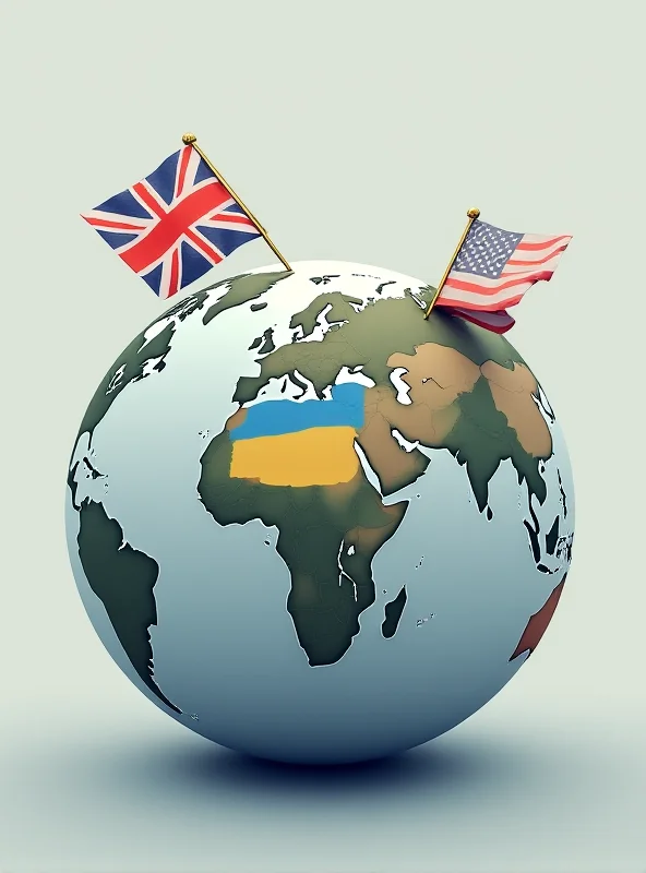 A digital illustration of a globe highlighting Ukraine, with the flags of the UK and US subtly placed nearby.