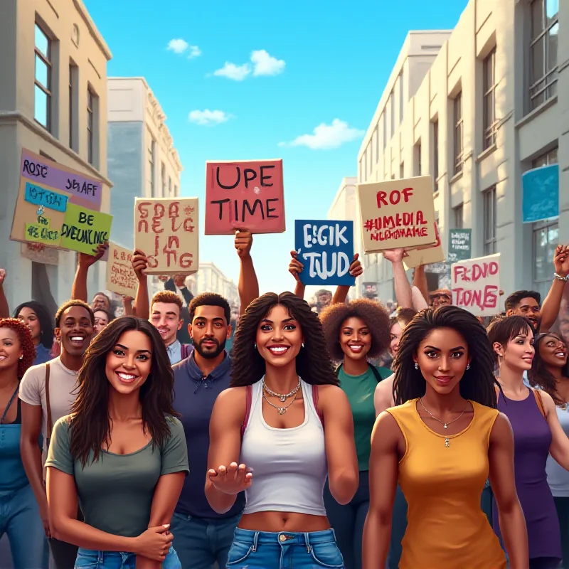 A group of diverse people at a political rally, holding signs and banners, with a sense of determination and hope.