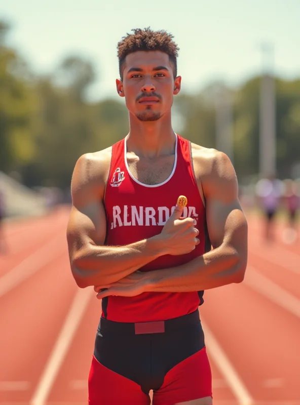 A transgender athlete stands proudly on a track field, wearing their team uniform and a determined expression.