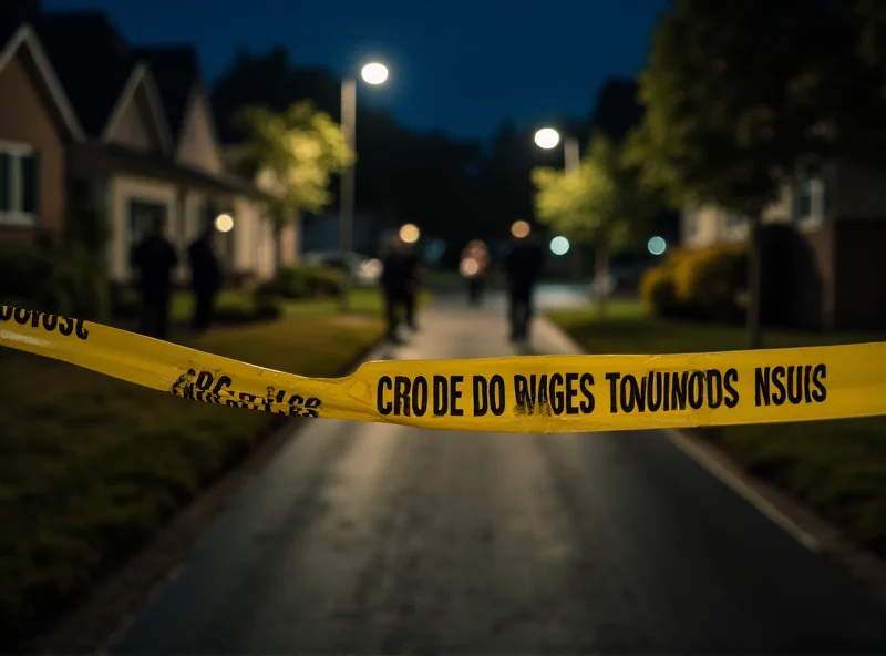 Police tape at a crime scene with blurred figures in the background.