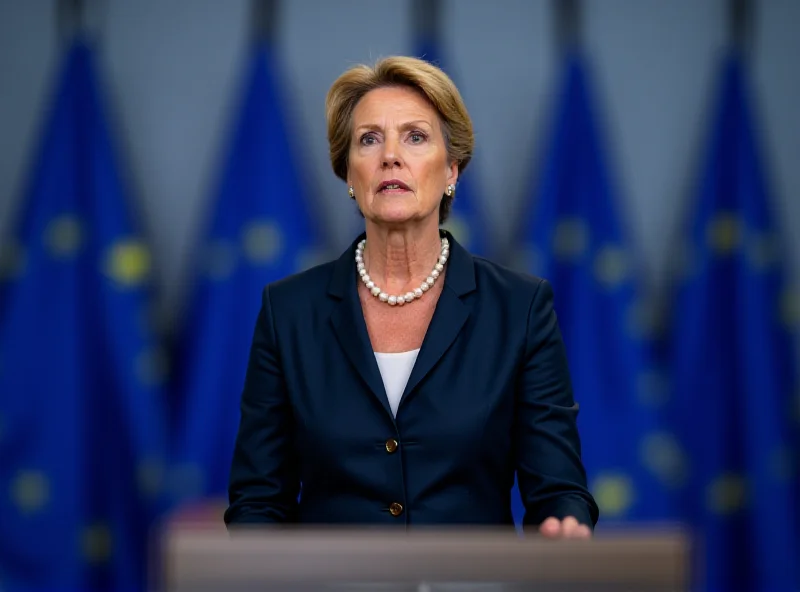 Ursula von der Leyen speaking at a podium with EU flags in the background.