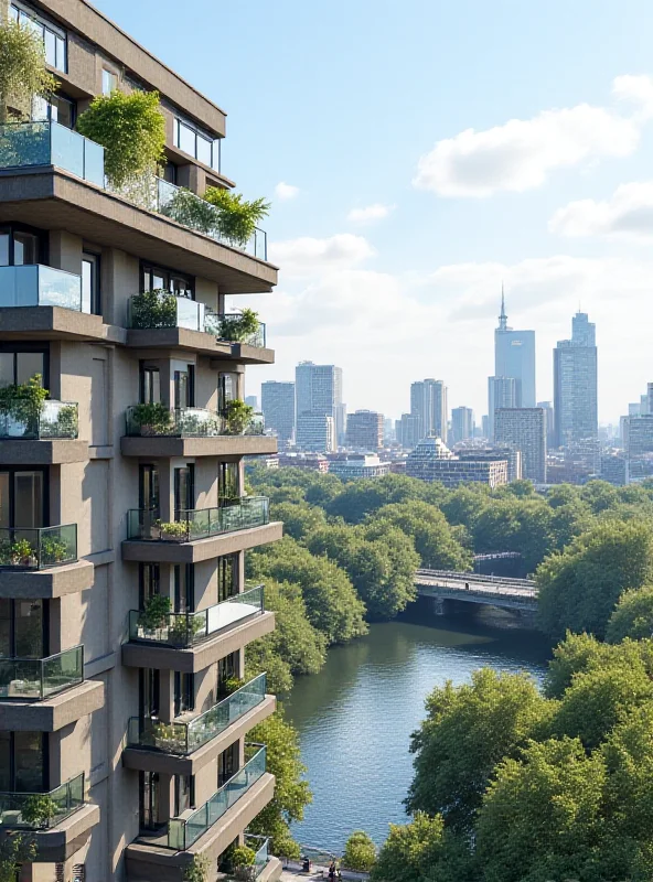 A modern apartment building with multiple balconies overlooking the River Thames in London.