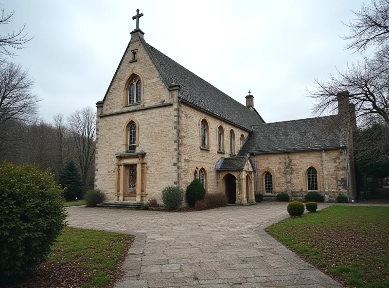 Exterior of a Catholic school in France on a cloudy day.