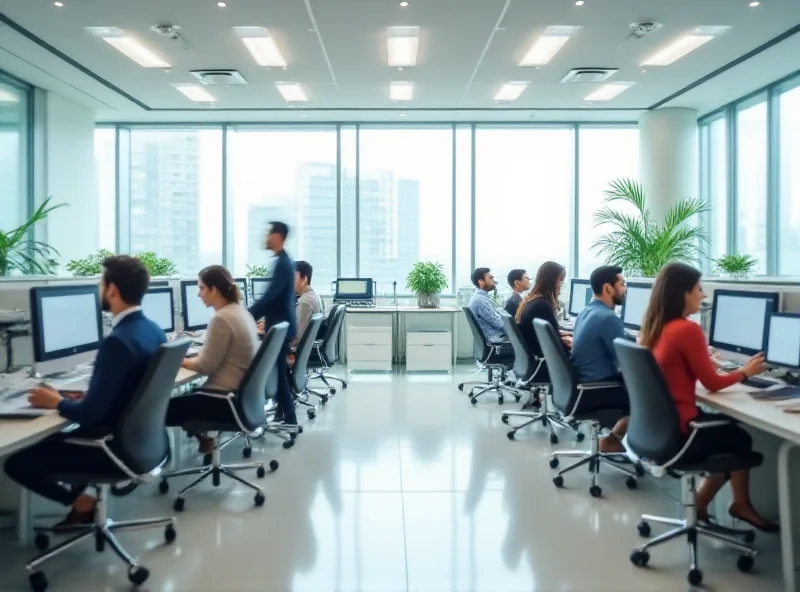 A modern notary office with people working at desks.
