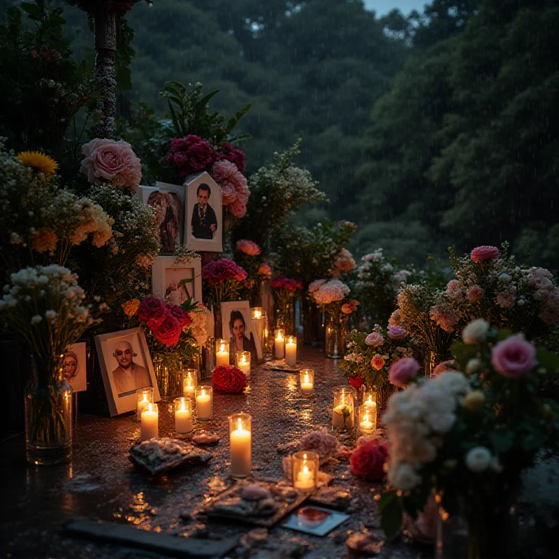 A memorial in Petrópolis dedicated to the victims of the 2022 heavy rains tragedy, with flowers and candles.